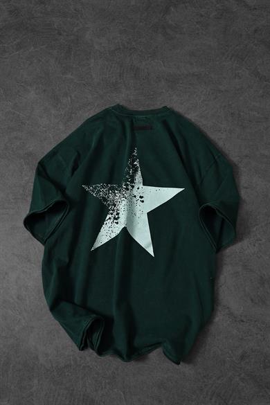 Erkek Yeşil Star Özel Yıkamalı Kumaş Oversize Tshirt