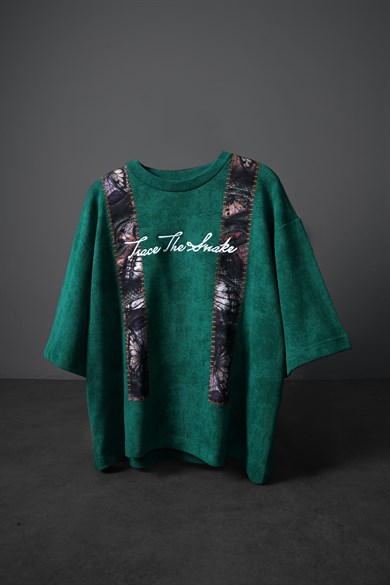 Erkek Yeşil Trace Patch Box Fit Yıkama Efektli Tshirt