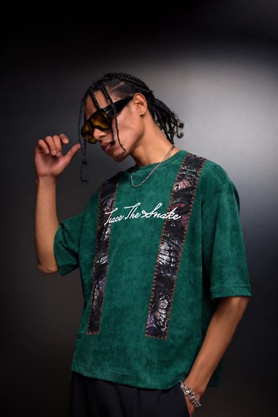 Erkek Yeşil Trace Patch Box Fit Yıkama Efektli Tshirt