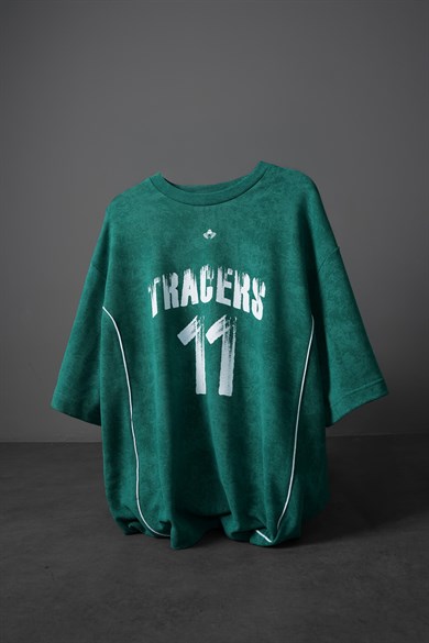 Erkek Yeşil Tracers 11 Baskılı Yıkama Efektli Oversize Tshirt