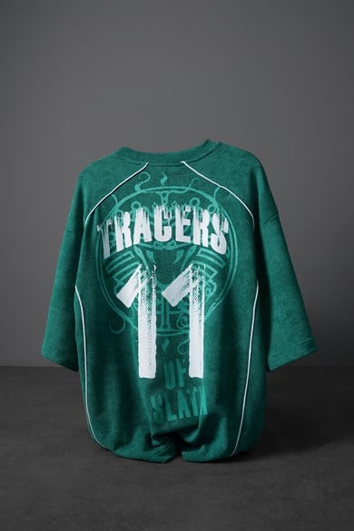 Erkek Yeşil Tracers 11 Baskılı Yıkama Efektli Oversize Tshirt