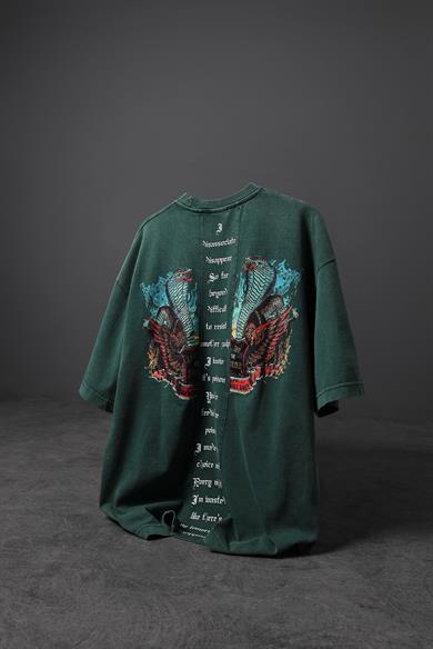 Erkek Yeşil Viper Özel Yıkamalı Kumaş Oversize Tshirt
