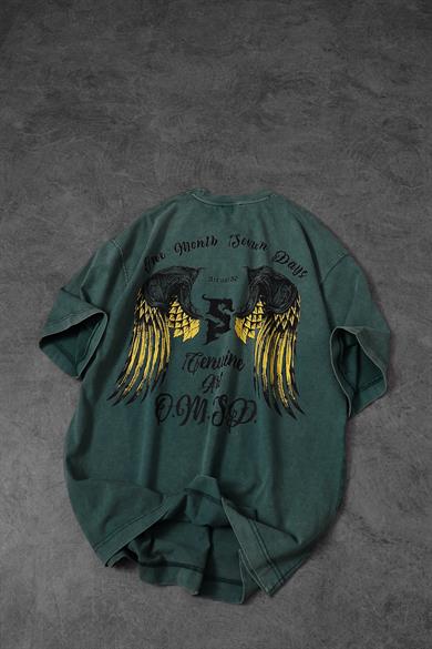 Erkek Yeşil Wings Özel Yıkamalı Kumaş Oversize Tshirt