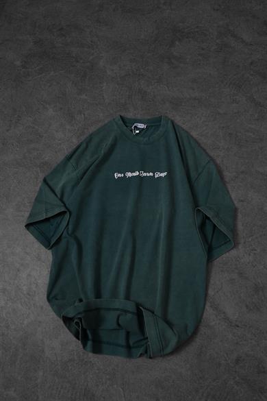 Erkek Yeşil Wings Özel Yıkamalı Kumaş Oversize Tshirt