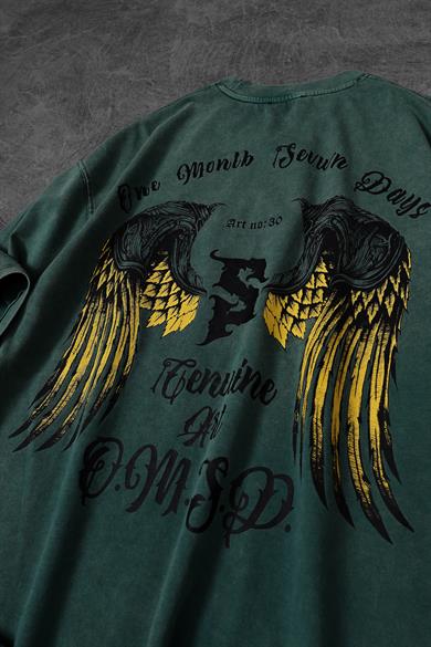 Erkek Yeşil Wings Özel Yıkamalı Kumaş Oversize Tshirt