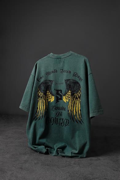 Erkek Yeşil Wings Özel Yıkamalı Kumaş Oversize Tshirt