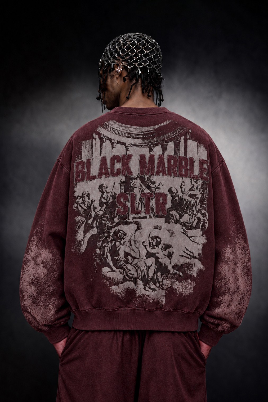 Erkek Bordo Black Marble Özel Yıkamalı Oversize Sweatshirt