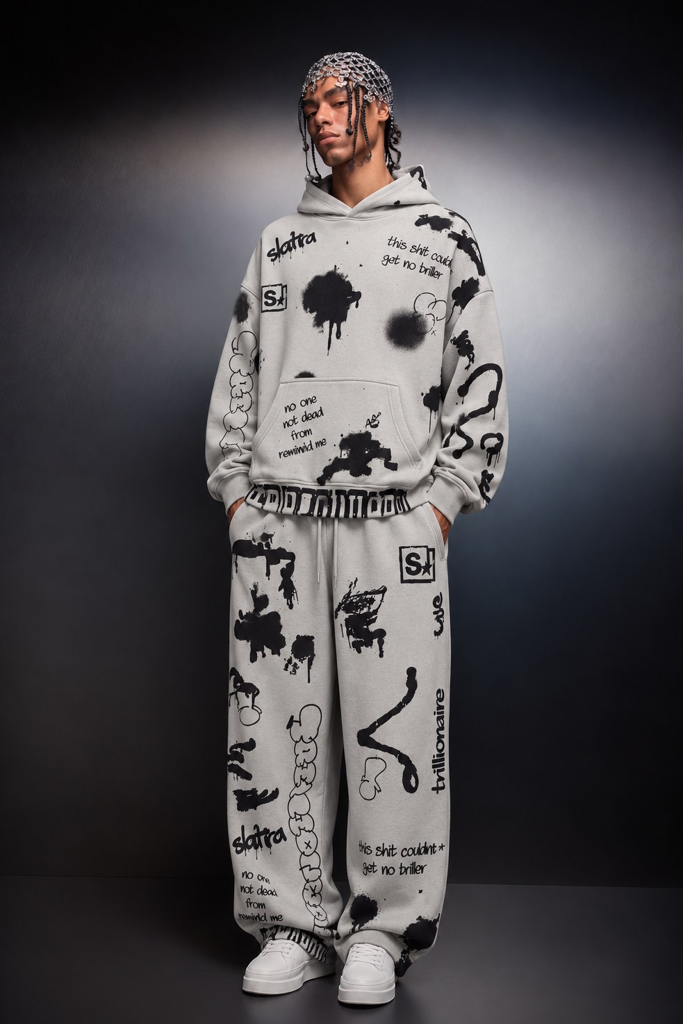Erkek Gri S Grafiti Oversize Hoodie