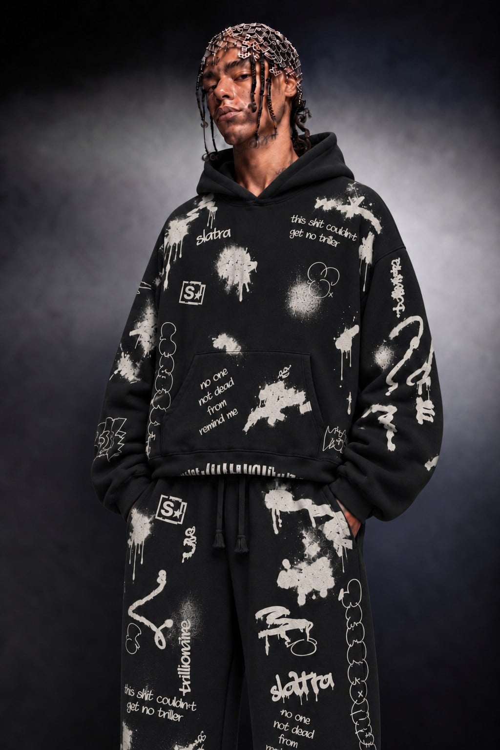 Erkek Siyah S Grafiti Oversize Hoodie