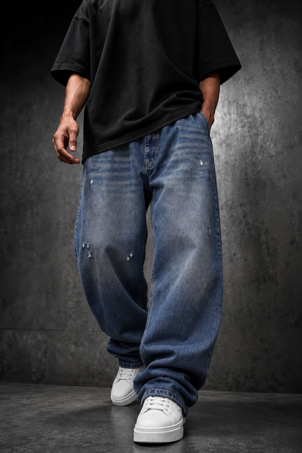 Erkek Vintage Mavi Baggy Denim Pantolon