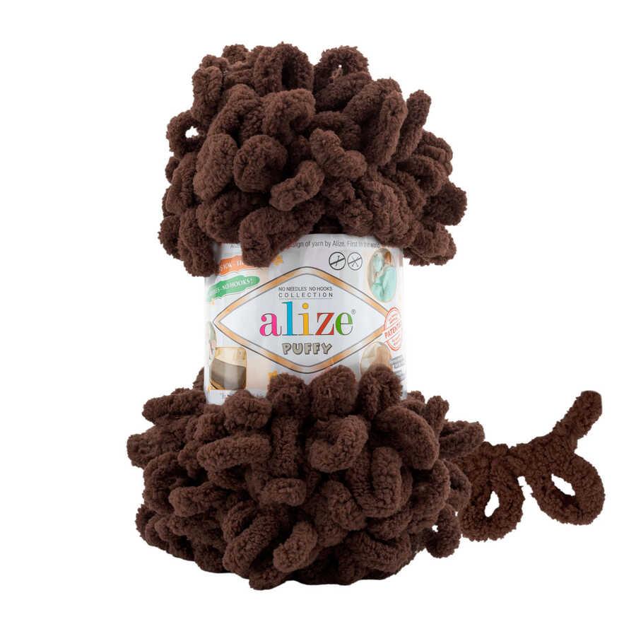 Alize Puffy 153 Koyu Kahverengi Siyah Parmakla Örülen El Örgü İpi