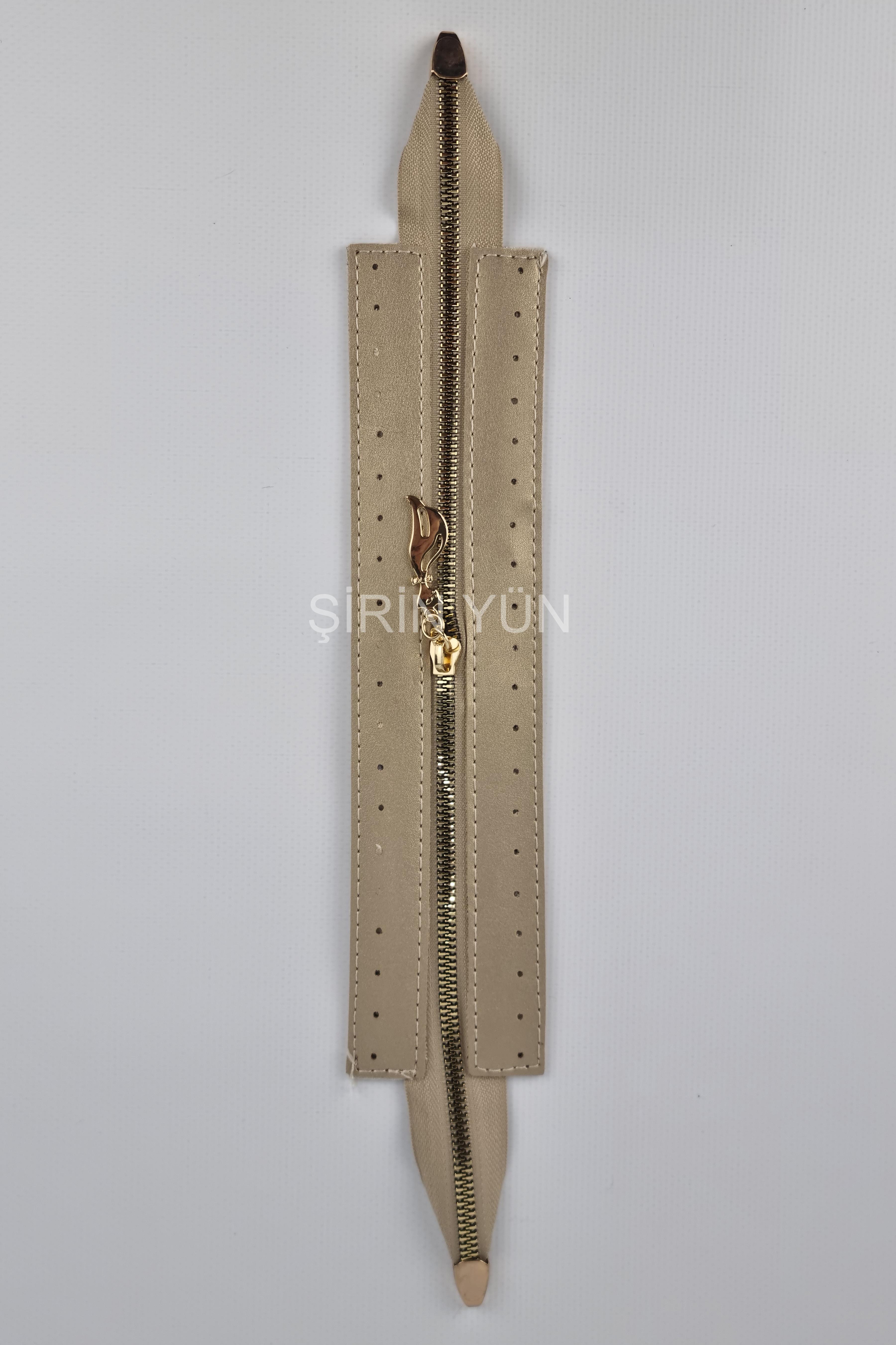 Delikli Suni Deri Çanta Fermuarı Dikmeli Hazır 26X6 Cm Fermuar Dore Rengi