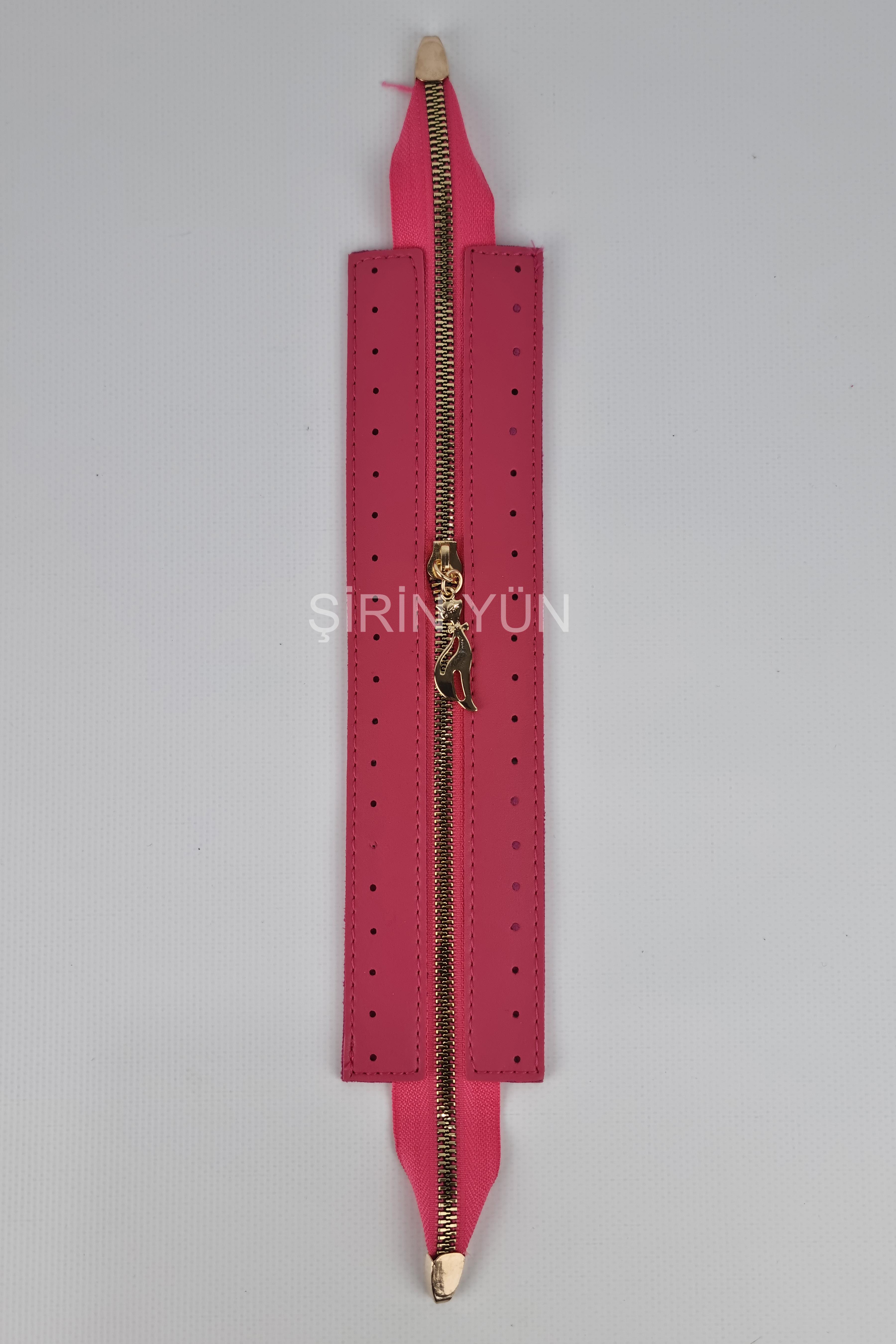 Delikli Suni Deri Çanta Fermuarı Dikmeli Hazır 26X6 Cm Fermuar Fuşya