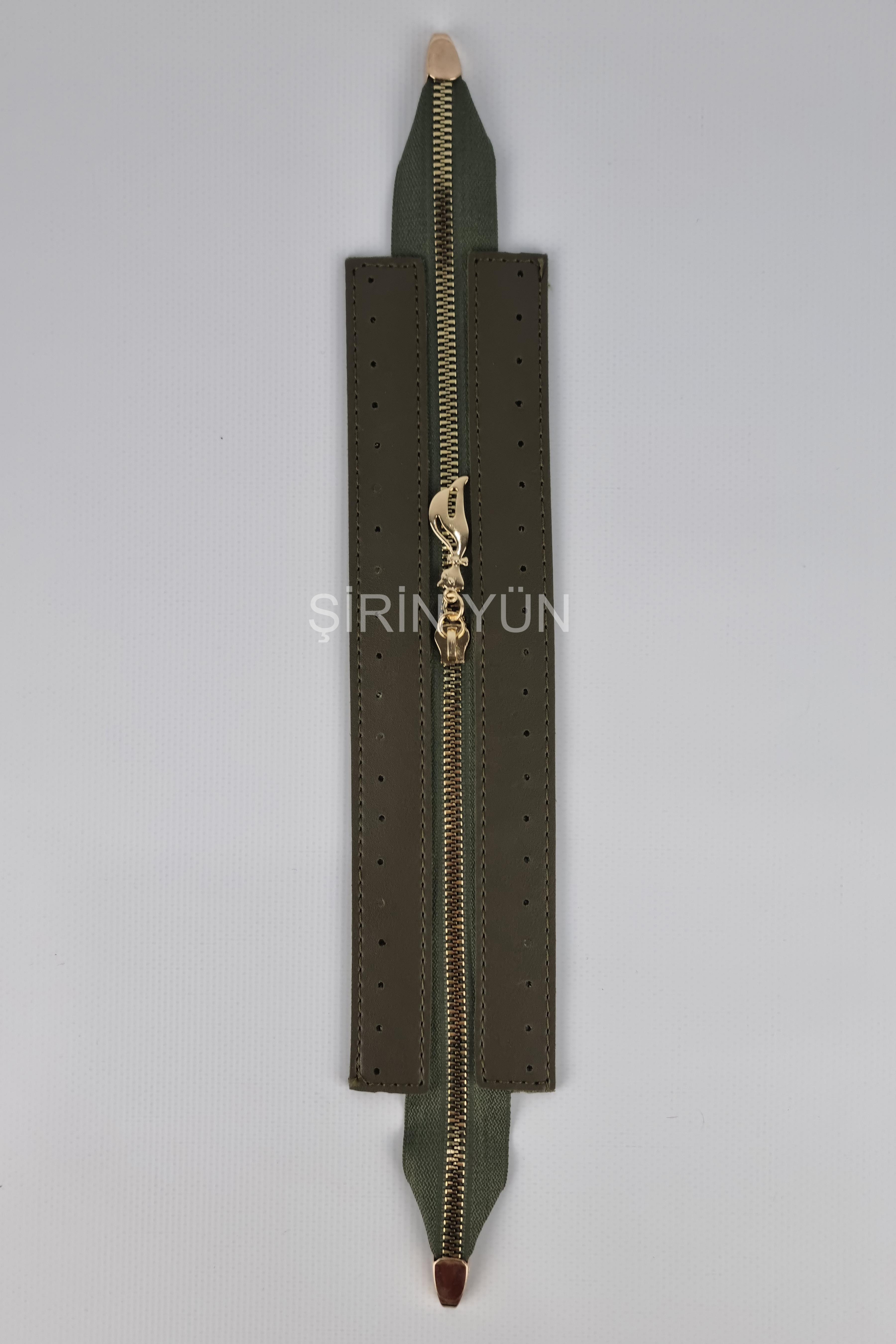 Delikli Suni Deri Çanta Fermuarı Dikmeli Hazır 26X6 Cm Fermuar Haki