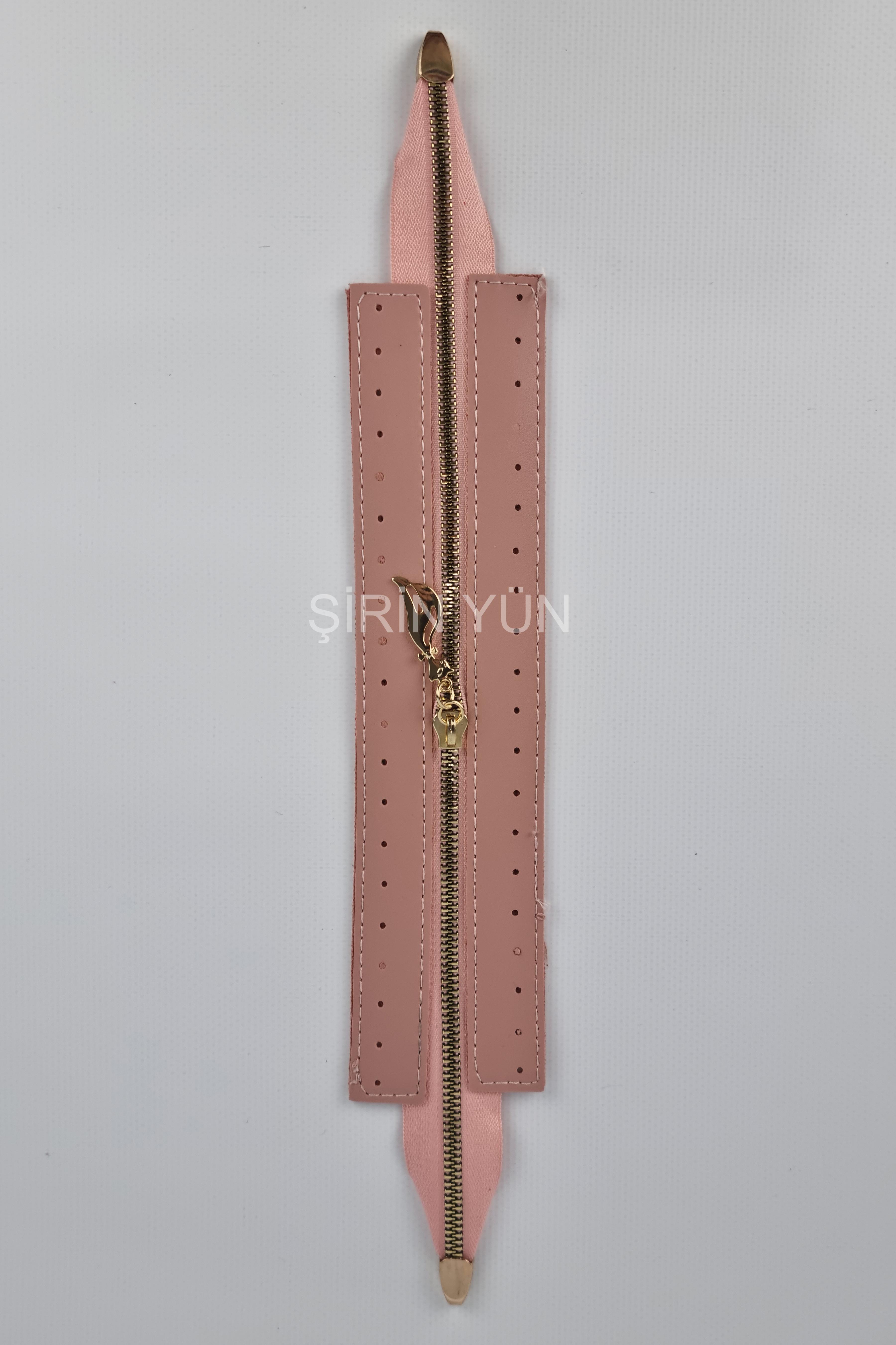 Delikli Suni Deri Çanta Fermuarı Dikmeli Hazır 26X6 Cm Fermuar Pembe