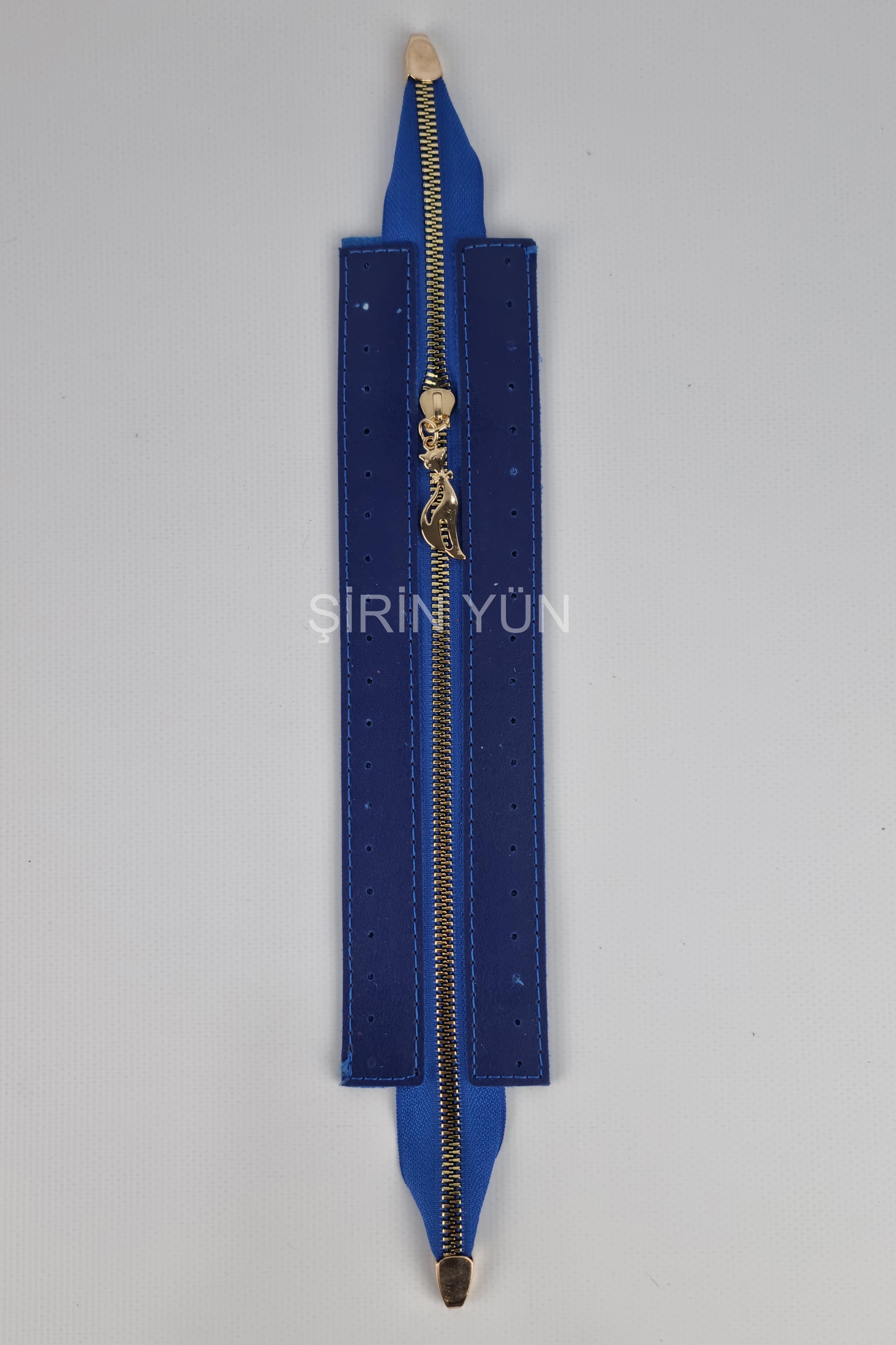Delikli Suni Deri Çanta Fermuarı Dikmeli Hazır 26X6 Cm Fermuar Saks Mavi