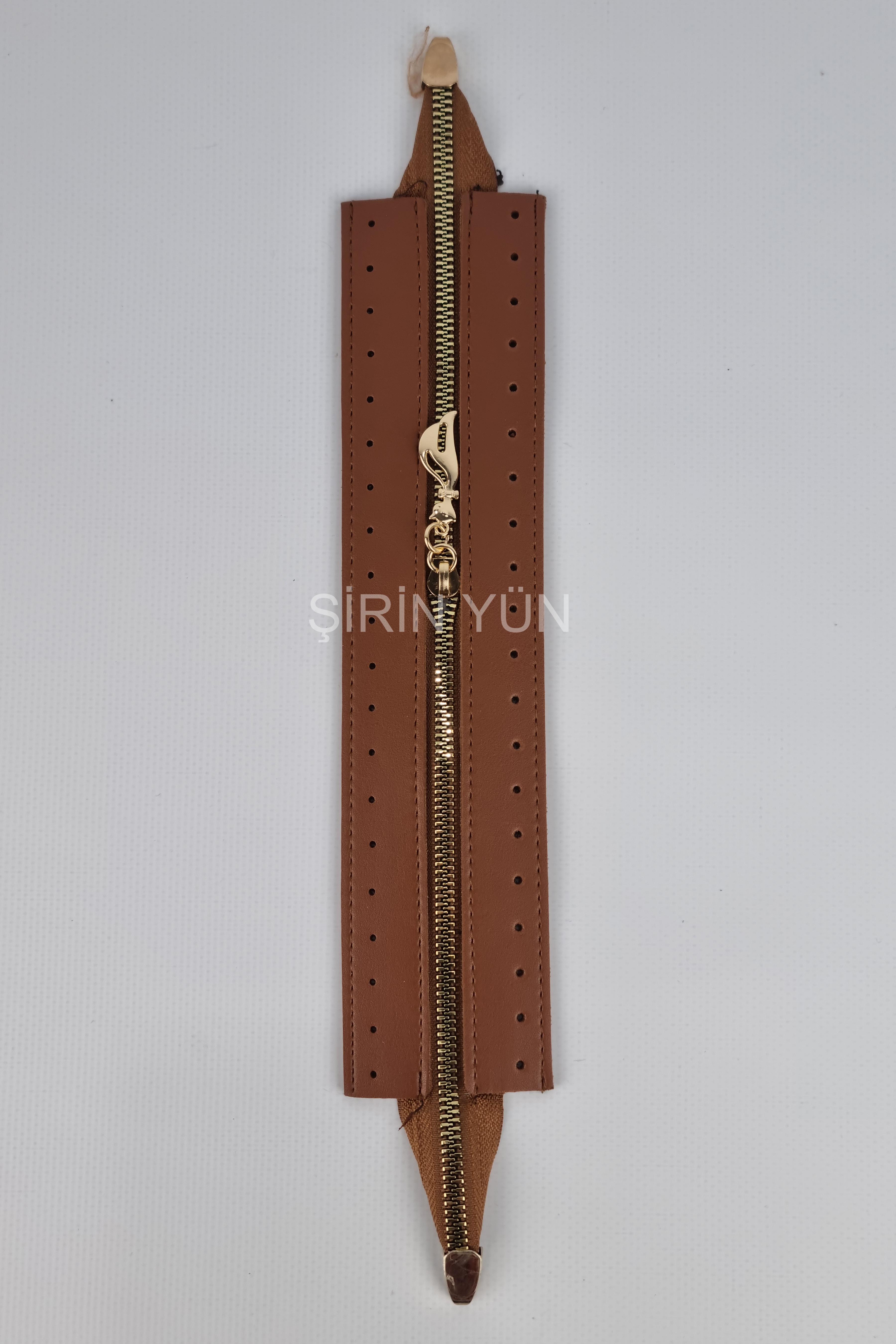 Delikli Suni Deri Çanta Fermuarı Dikmeli Hazır 26X6 Cm Fermuar Taba