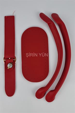 Yuvarlak Tokalı Borulu Saplı Çanta Seti Kırmızı