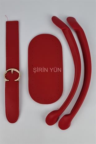 Yuvarlak Tokalı Borulu Saplı Çanta Seti Kırmızı