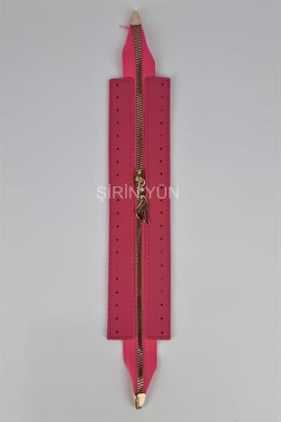 Delikli Suni Deri Çanta Fermuarı Dikmeli Hazır 26X6 Cm Fermuar Fuşya