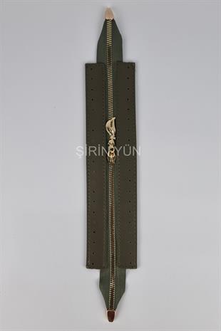 Delikli Suni Deri Çanta Fermuarı Dikmeli Hazır 26X6 Cm Fermuar Haki