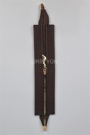 Delikli Suni Deri Çanta Fermuarı Dikmeli Hazır 26X6 Cm Fermuar Kahverengi
