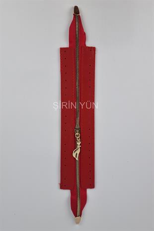 Delikli Suni Deri Çanta Fermuarı Dikmeli Hazır 26X6 Cm Fermuar Kırmızı