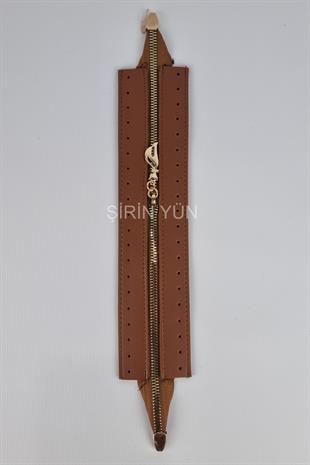 Delikli Suni Deri Çanta Fermuarı Dikmeli Hazır 26X6 Cm Fermuar Taba