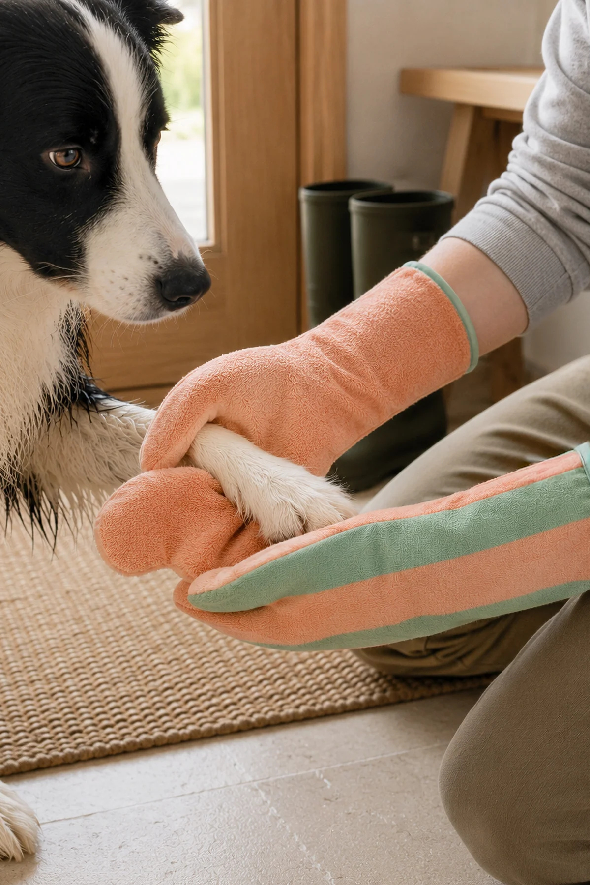 Asky&Erd Soft Rituals Köpek Kurulama Eldivenleri Seafoam ve Somon Rengi Çizgili Pijamalar ve Bornozlar