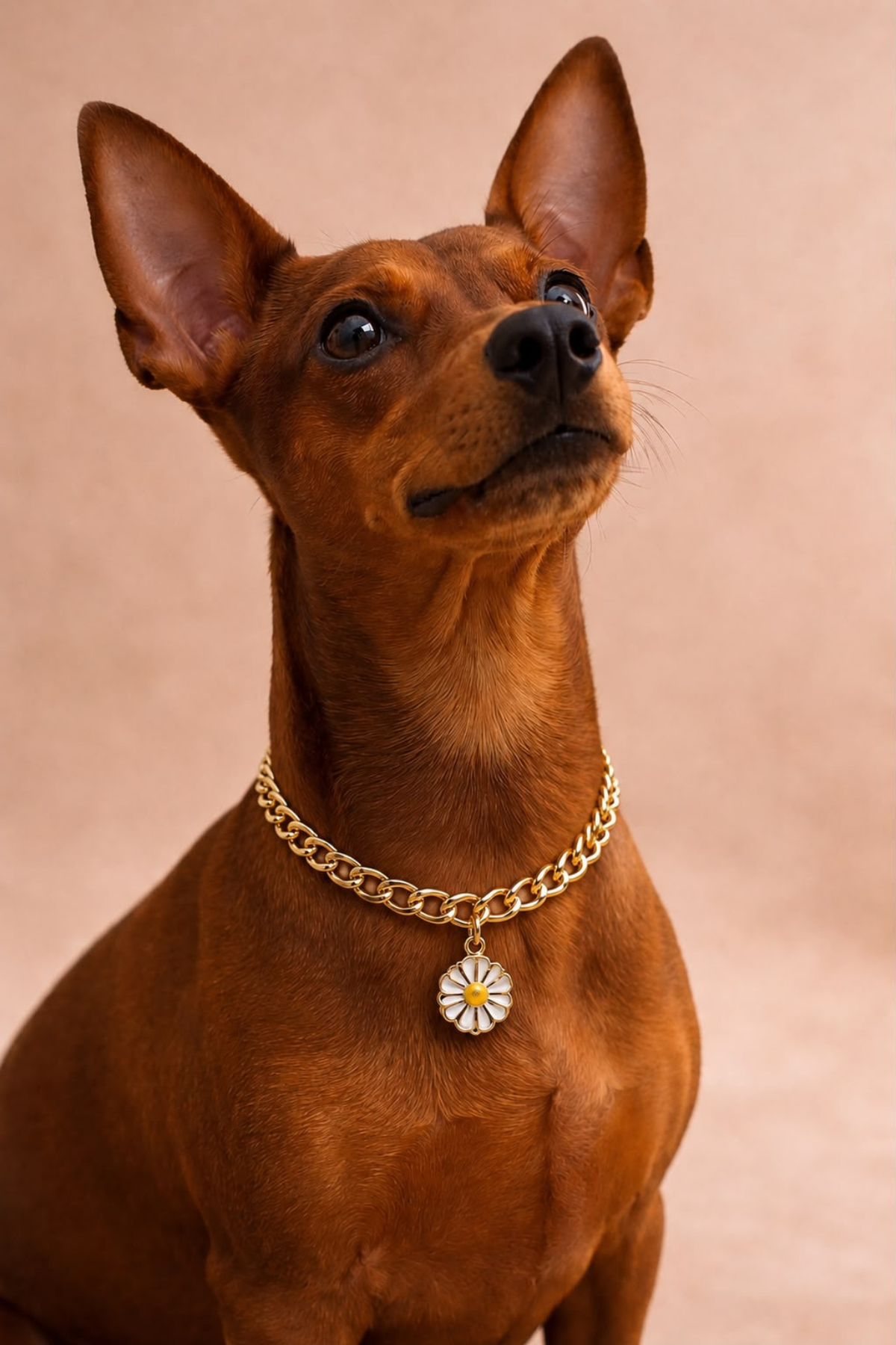 Alphadog Design Papatyalı Altın Sarı Zincir Köpek Kolye