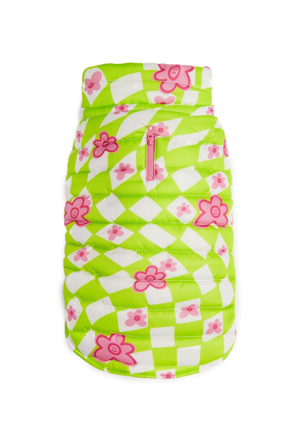 Little Monster Green Checkered Puffer Köpek Montu