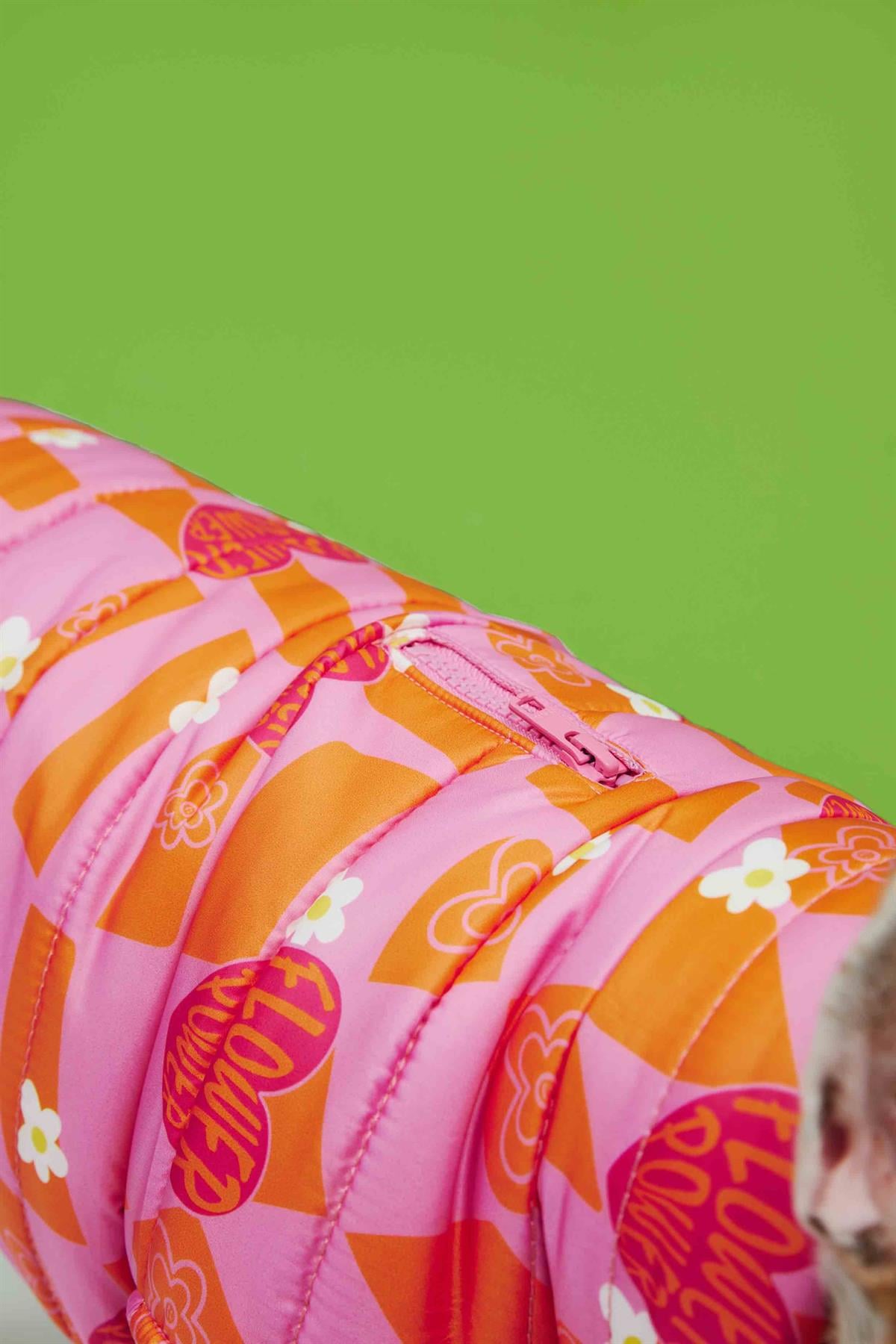 Little Monster Orange Pink Checkered Puffer Dog Coat