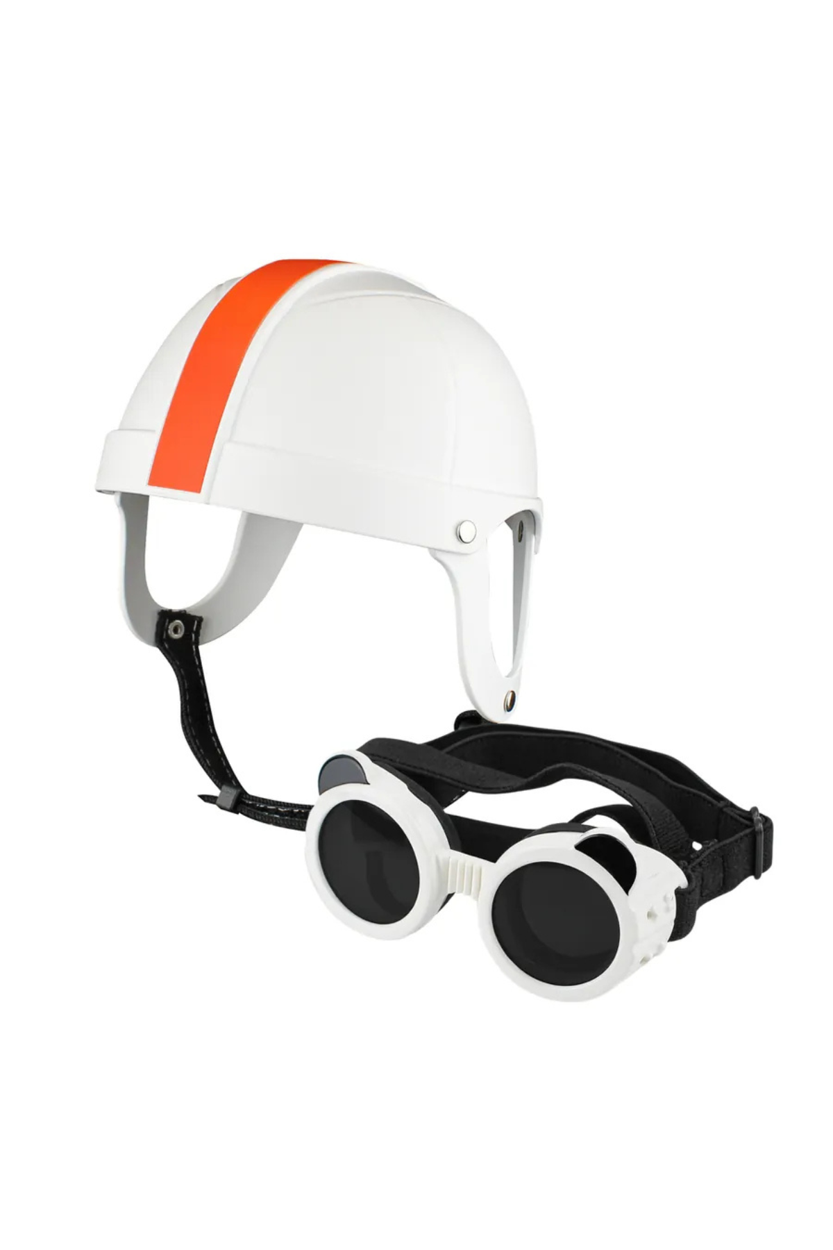 Pet Helmet Mini Açık Köpek Kask Gözlüklü Takım Beyaz - Turuncu (Medium)