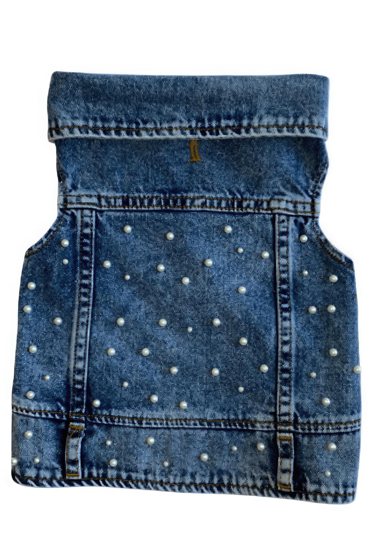 ZiggyDog İnci Süslemeli Kot Yelek - Köpek Ceketi  