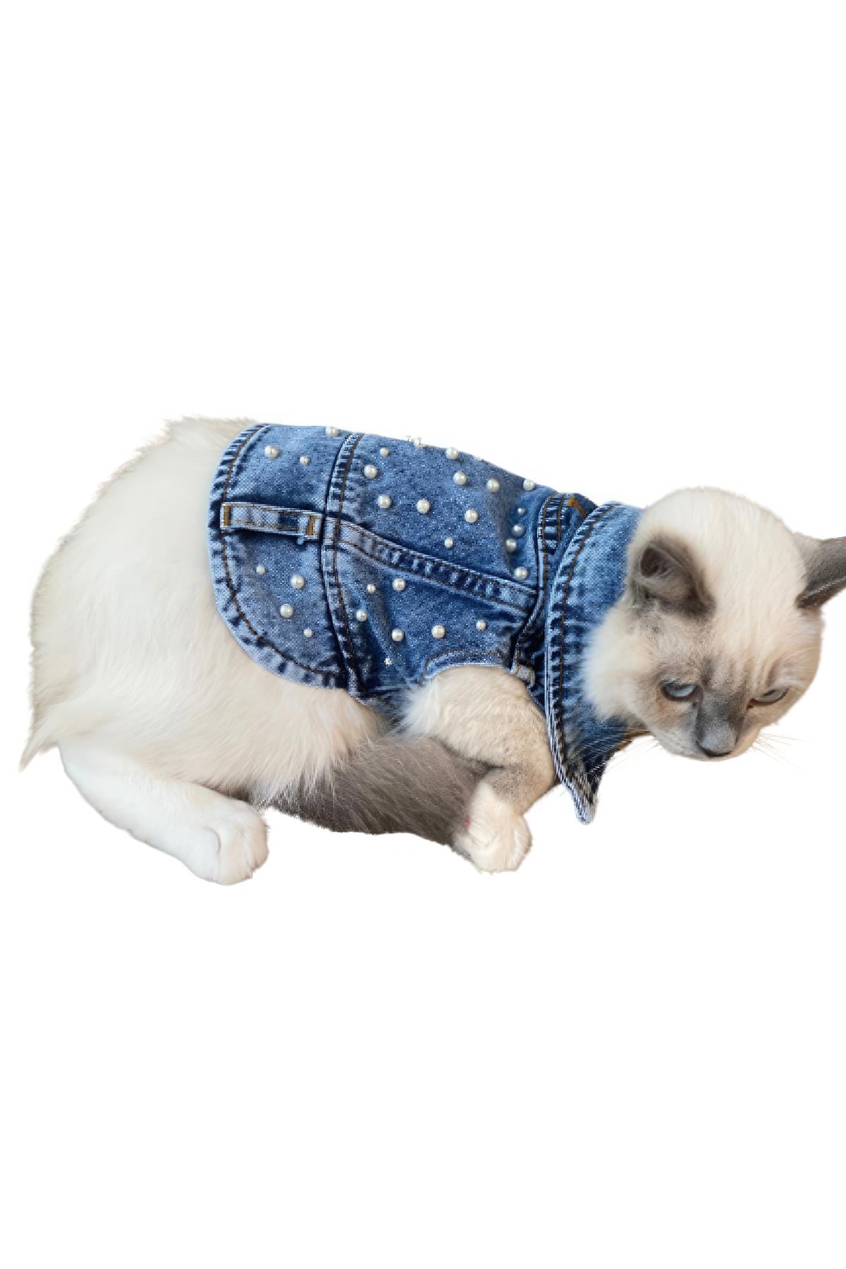 ZiggyDog İnci Süslemeli Kot Yelek - Köpek Ceketi  