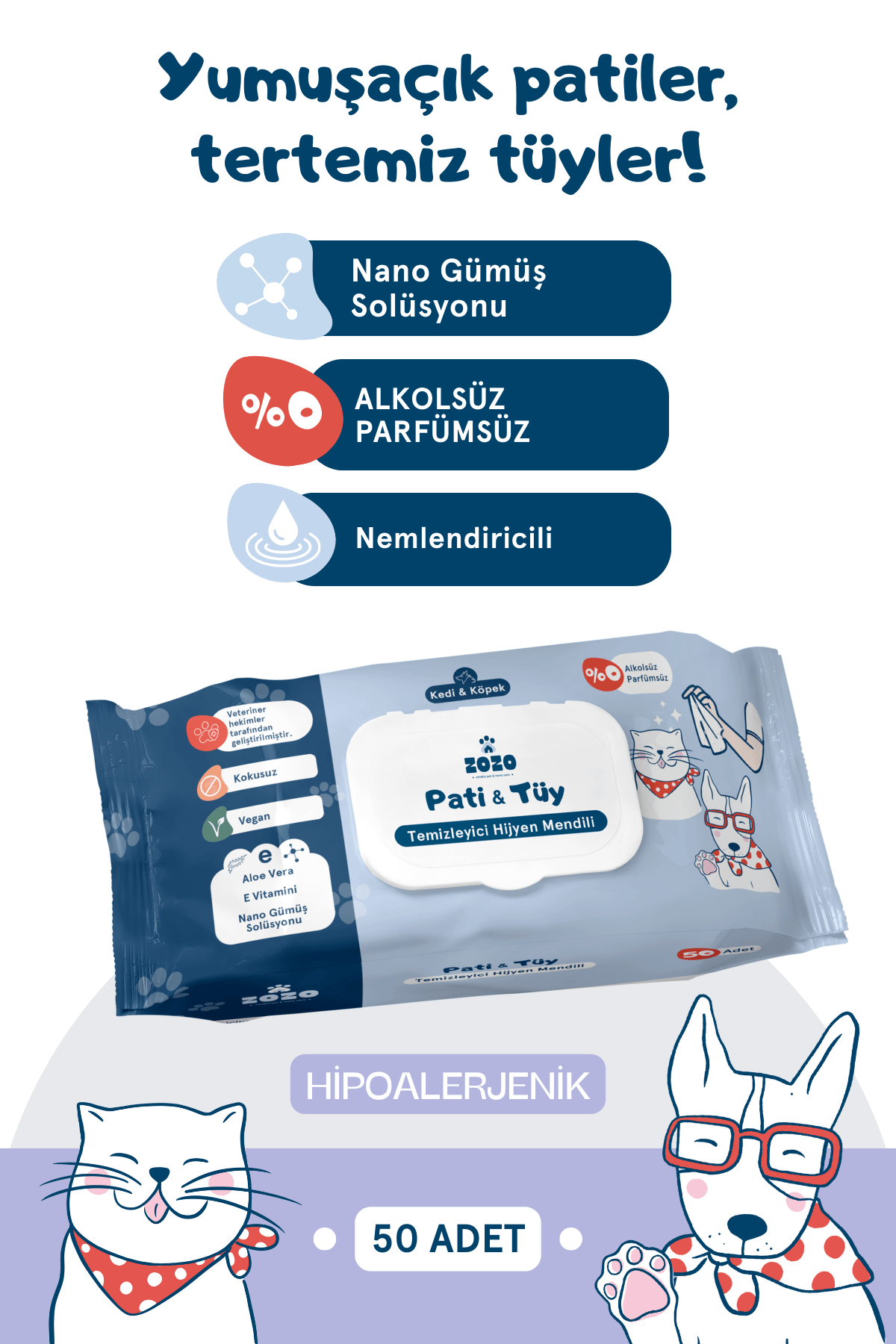 Zozo Cares Pati & Tüy Temizleyici Hijyen Mendili 50 adet