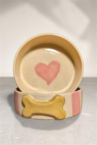 Feza Seramik Mama Kasesi Pembe Çizgili Kemikli