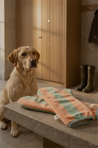 Asky&Erd Soft Rituals Köpek Kurulama Eldivenleri Seafoam ve Somon Rengi Çizgili Pijamalar ve Bornozlar
