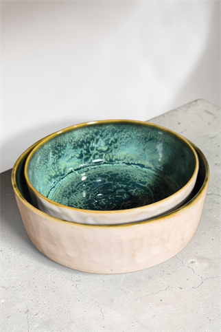 Feza Seramik Mama Kasesi Seti Beyaz/İçi Yeşil (Büyük & Küçük)