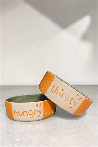 Feza Seramik Mama Kasesi Seti Thirsty/Hungry Turuncu