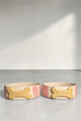 Feza Seramik Mama Kasesi Pembe Çizgili Kemikli