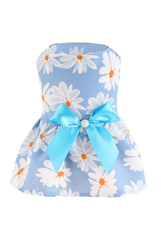 Dolcepets incili mavi fiyonklu beyaz çiçekli mavi elbise