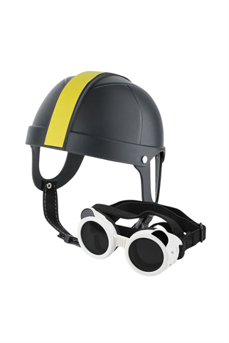 Pet Helmet Mini Açık Köpek Kask Gözlüklü Takım Siyah Sarı (Small)