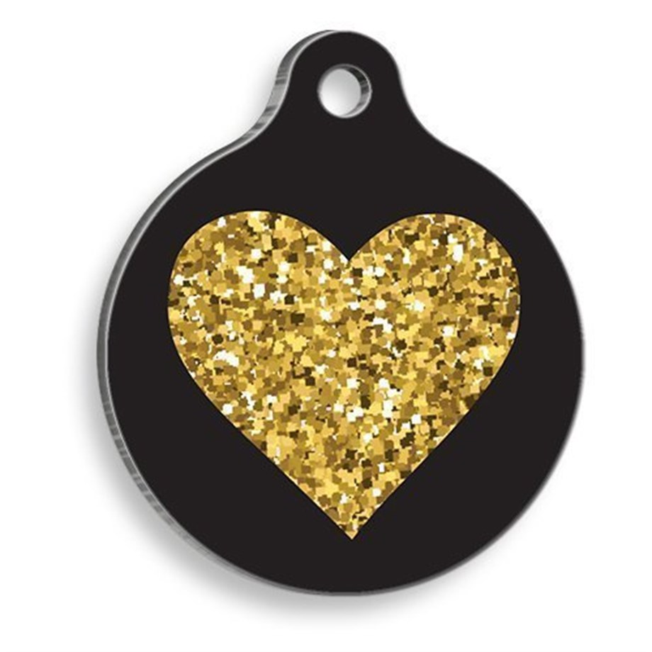 Golden Sparkling Black Heart Round Cat And Dog Tag
