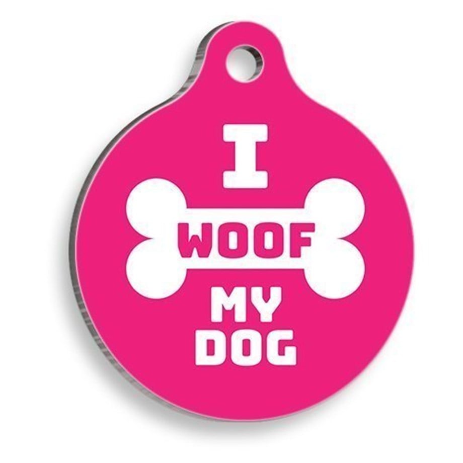 I Woof My Dog Pink Round Dog Tag