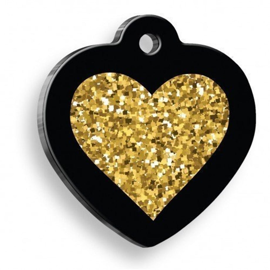 Heart Gold Glitter Black Heart Shaped Cat Dog Tag
