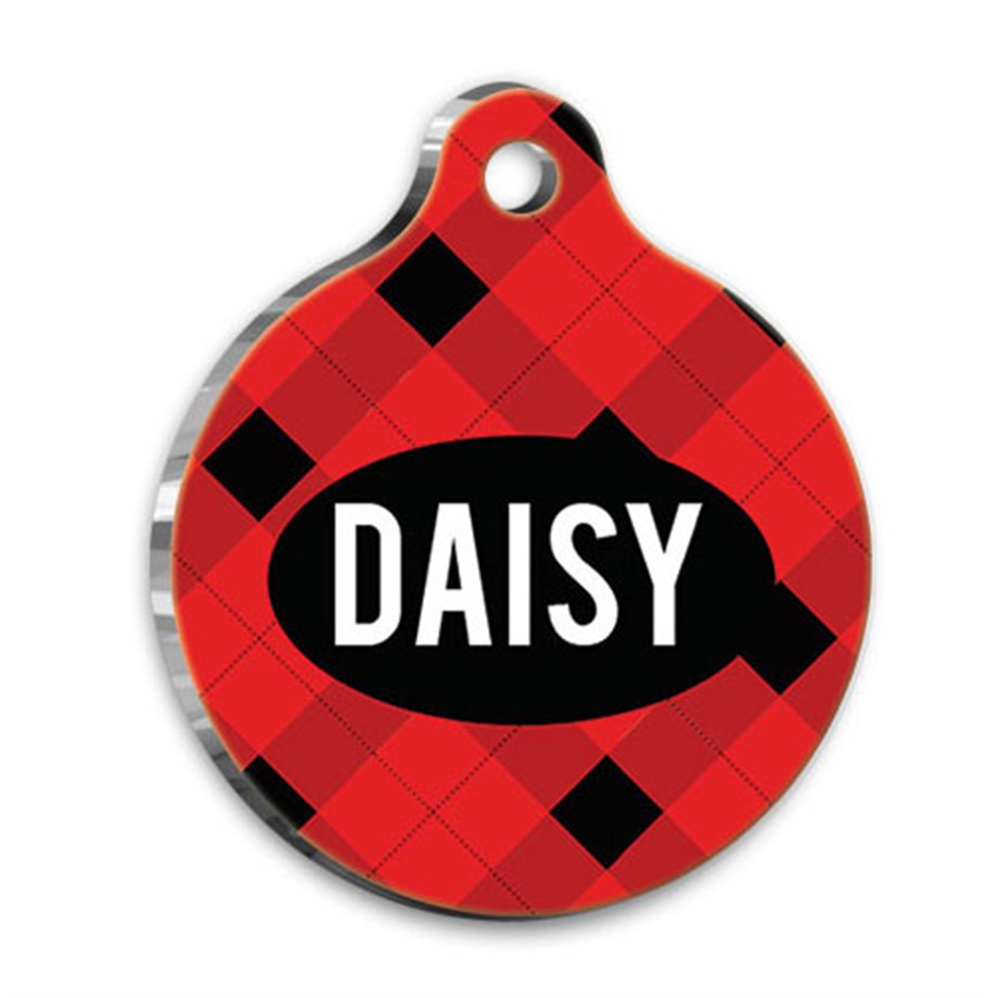 Red Black Plaid Round Cat Dog Tag