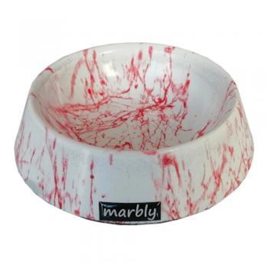 Marbly Kırmızı Beyaz Mermerit Kedi Köpek Mama Su Kabı