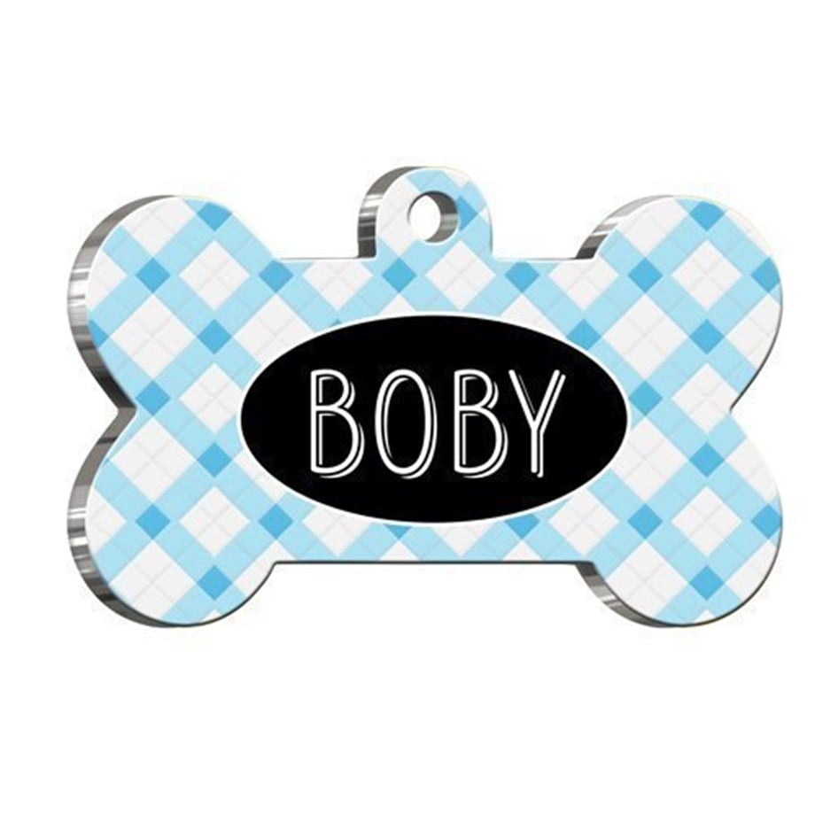 Blue Plaid Bone Shaped Cat Dog Tag