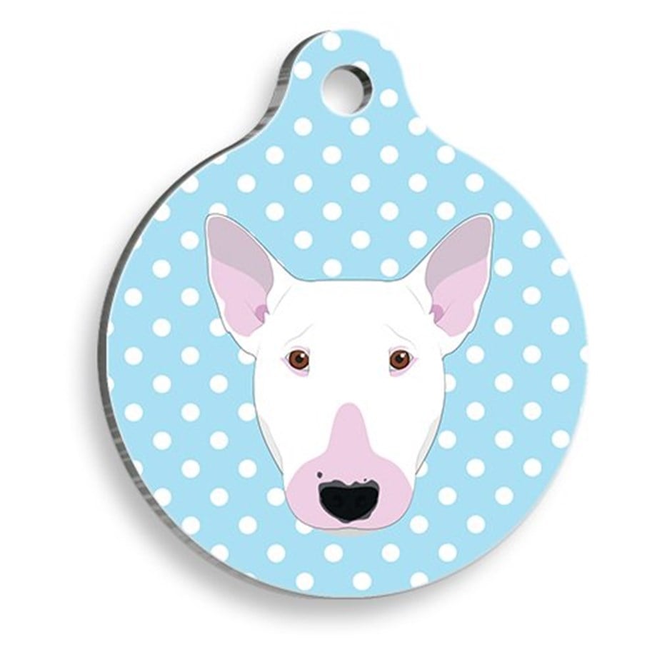 Bull Terrier Round Dog Tag With Blue Polka Dot